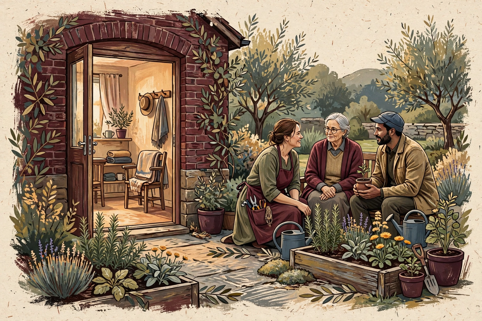 Illustration of a welcoming community home and garden where people receive support