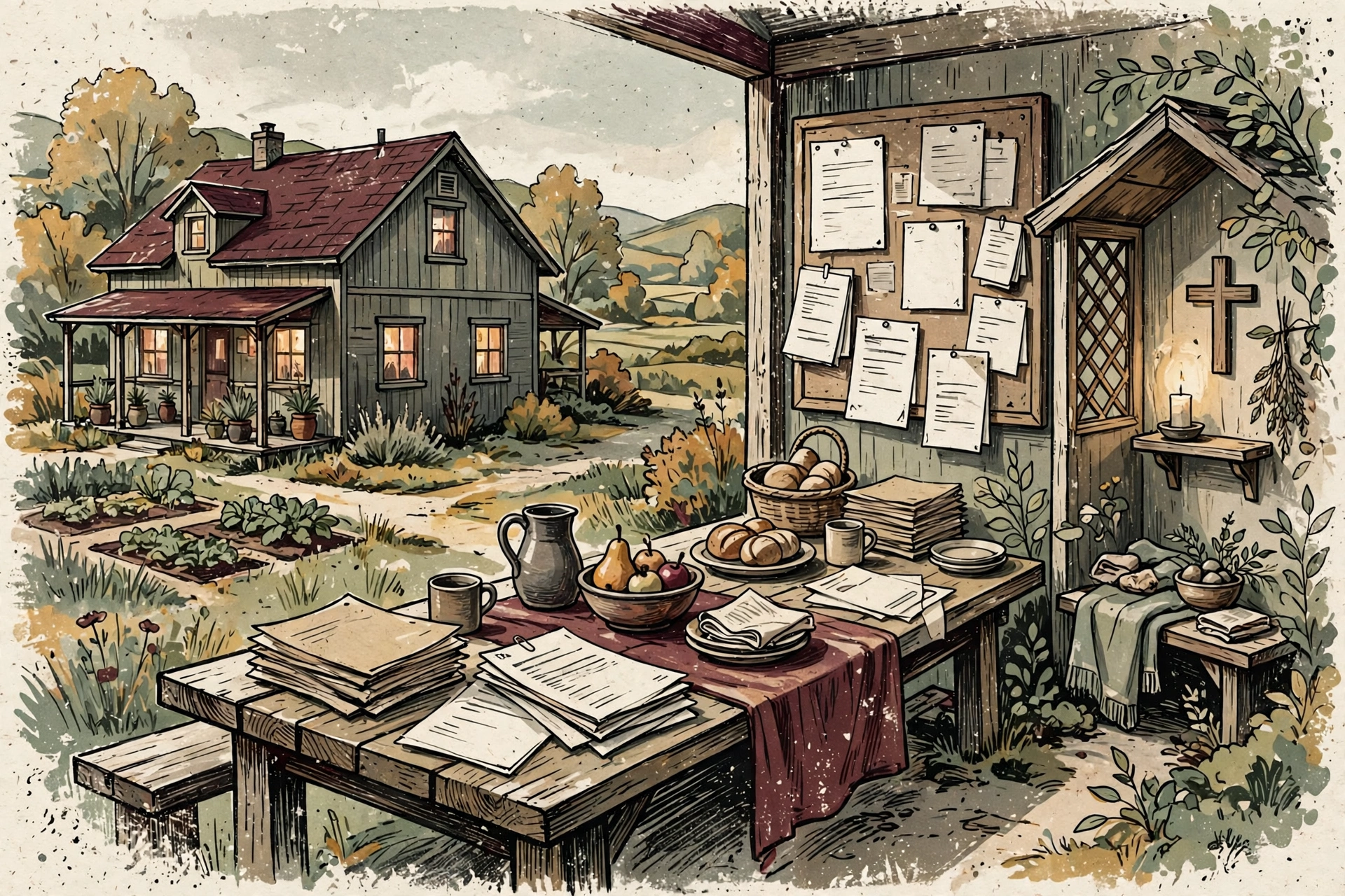 Illustration of a peaceful long-term bridge home with shared resources and chapel space